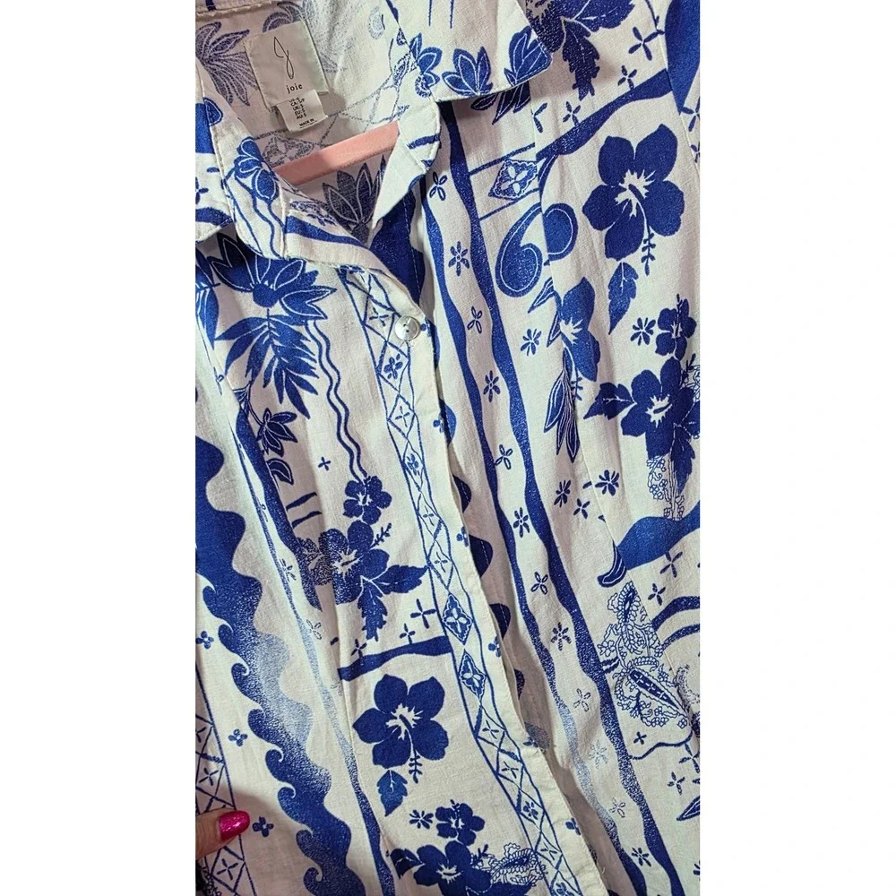 Joie Blue White Linen Rayon Floral Batik Midi Shirt Dress Small - Picture 10 of 11